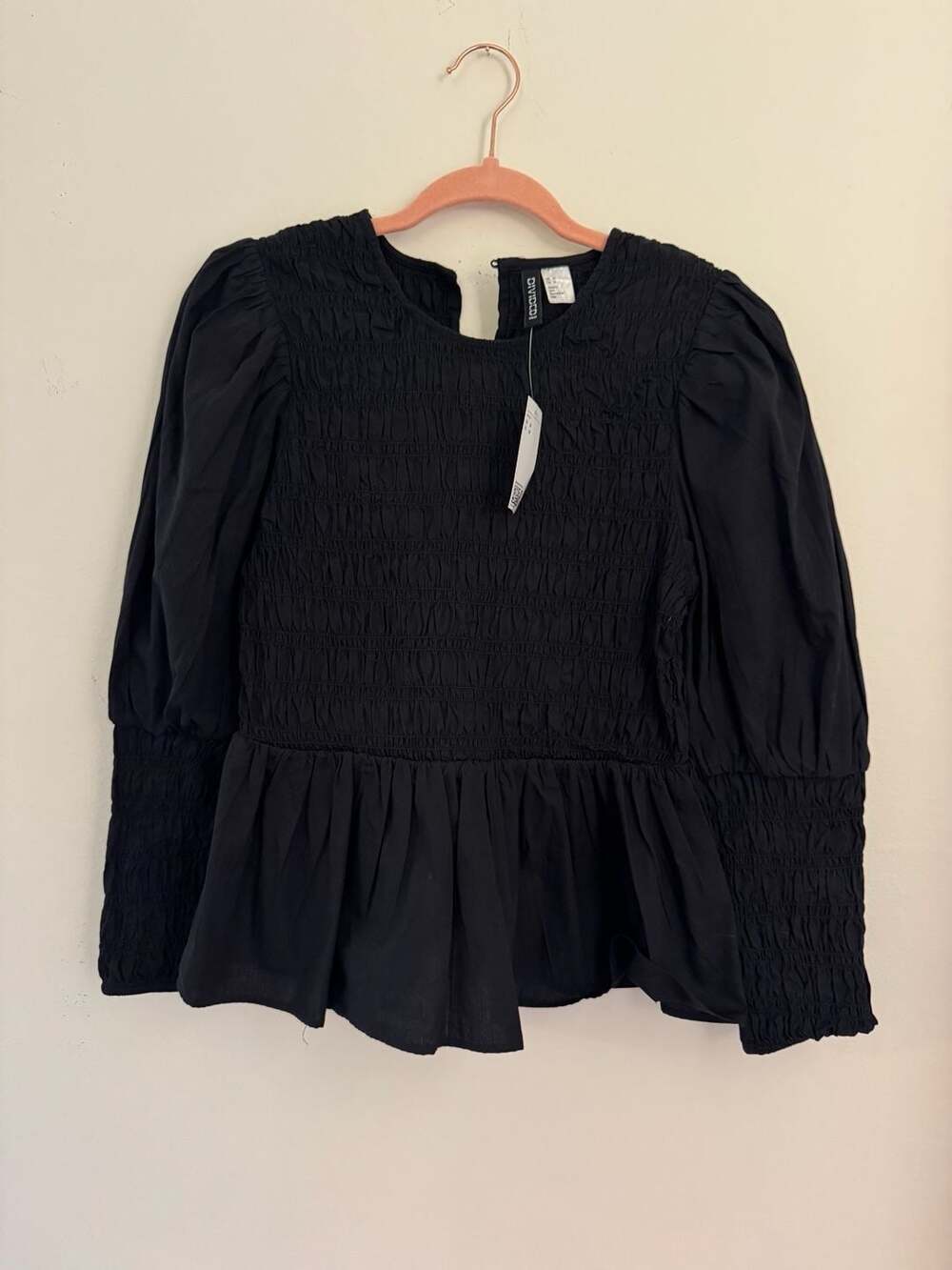 H&M Divided Black Smocked Long Puff Sleeve Peplum Blouse - Picture 3 of 3